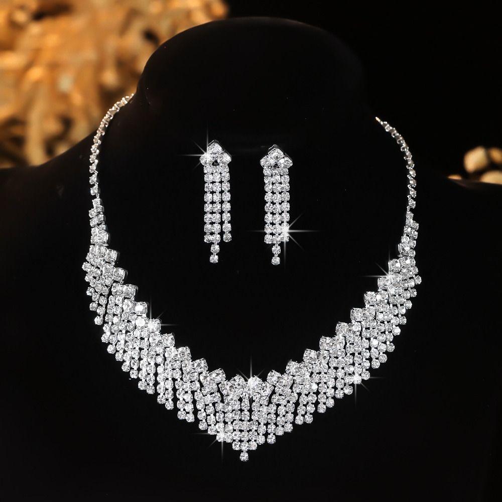 

Earrings Crystal Necklace Bridal Rhinestone Jewelry Set Women срібний