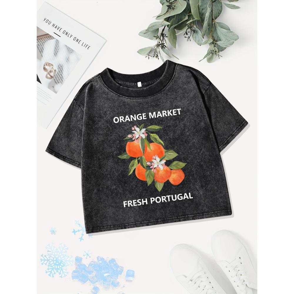 

Summer Cotton Tops Womens Orange Market Portugal Printing Washed T-Shirt Distressed O-Neck Regular Fit Tees Clothes L