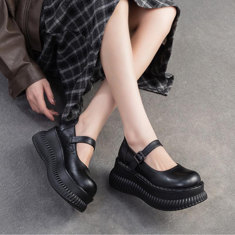 Johnature Scarpe Mary Janes Scarpe con plateau piatte in vera pelle Sandali con altezza della suola spessa con fibbia