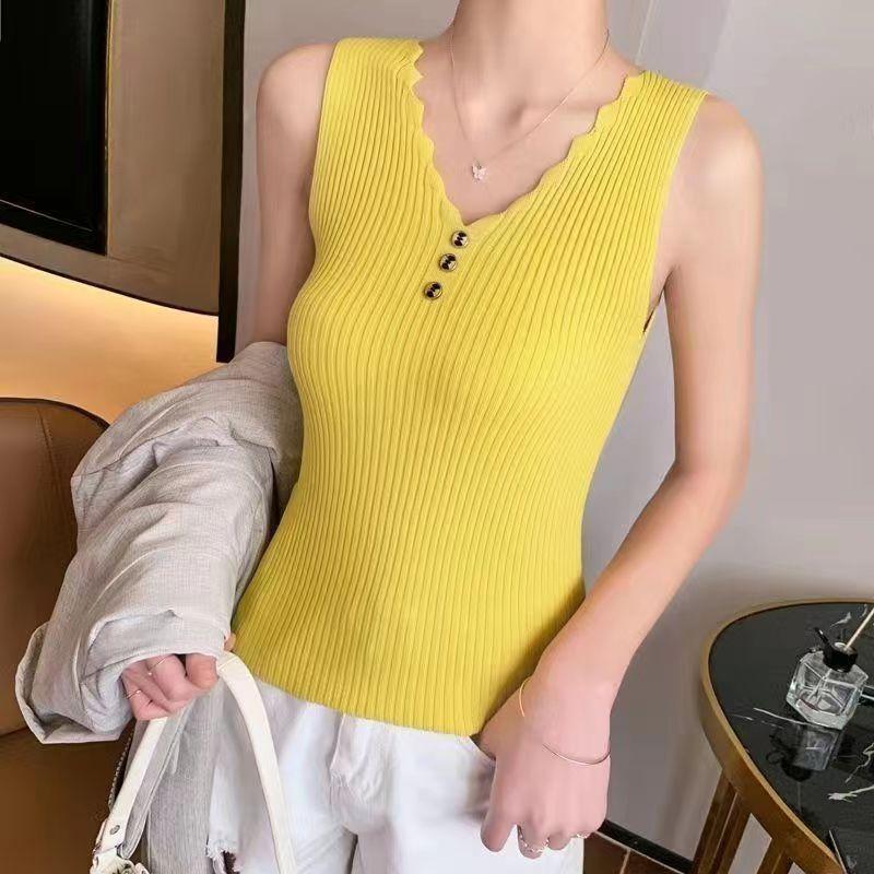 

Майка без рукавов из ледяного шелка для женской летней верхней одежды со свободным вязаным низом с v-образным вырезом L