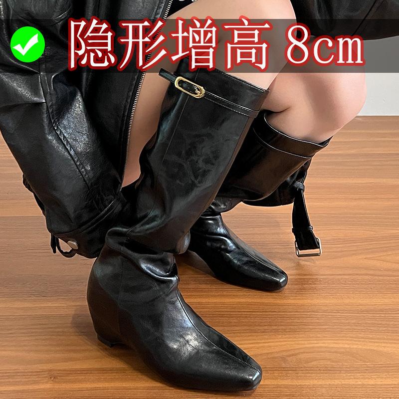 8CM~ Small inner height increase boots, black buckle high boots, women's autumn and winter thin boots, thin knight boots
