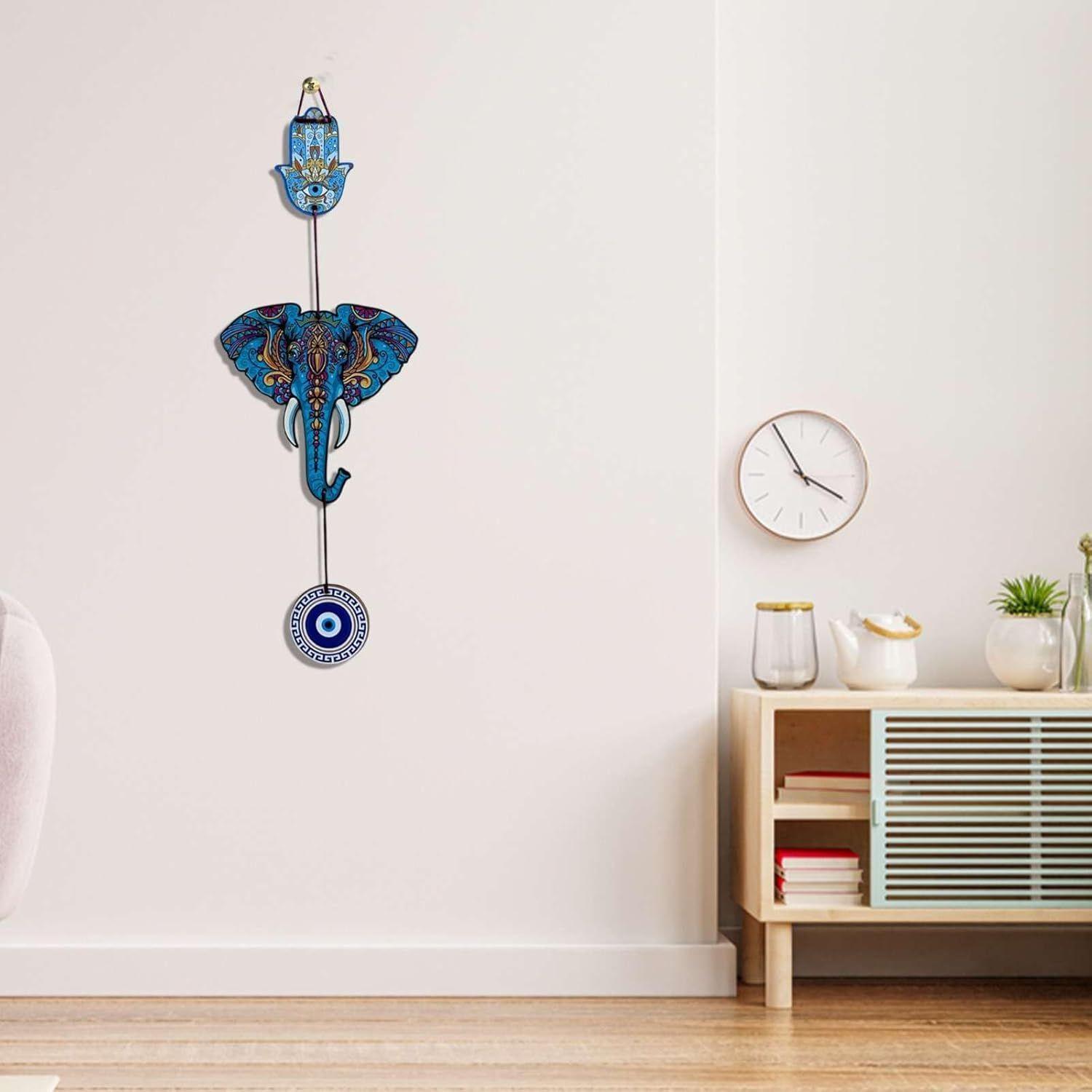 

Designer Elephant Wooden Wall Hanging for Home Decor - Evil Eye & Hamsa Hand Charm for Entryway - Boho Modern Wall Art - Peace Accent Decorative