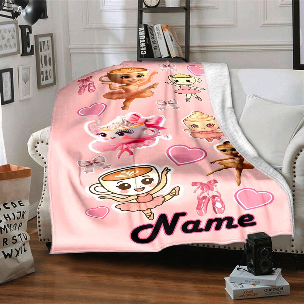 Dancing Cup Characters With Hearts And Ribbons Throw Personalized Blanket Customize Your Name Soft Warm Cozy Great For Sofa Couch Office Bed Picnics