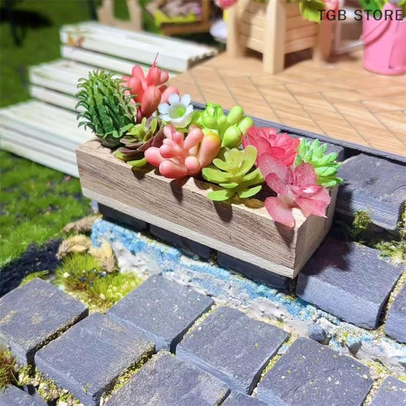 1Pcs Dollhouse Green Plant Pot Model Miniature Wooden Trough Micro Landscape Decor Ornaments Pretend Play Toys