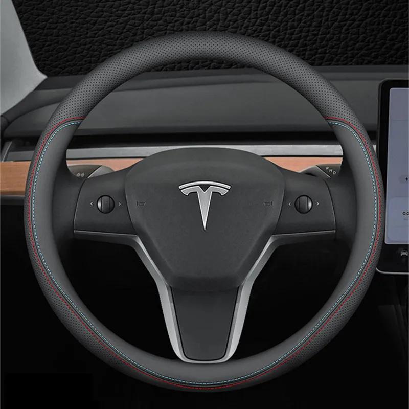 Nappa Leather Car Steering Wheel Cover For Tesla Model 3 Y S X 2019 - 2025 4 Seasons 36-38 CM Black Auto Interior Accessories
