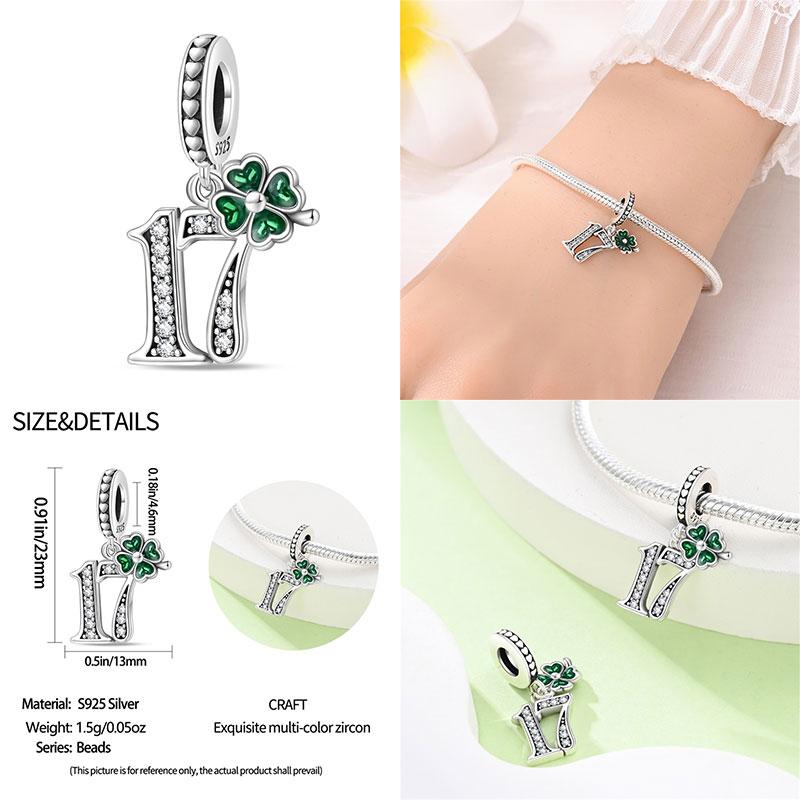 100% 925 Silver Green Zircon Lucky Number Pendant Suitable for Original 925 Women Bracelet DIY Jewelry Making Gift