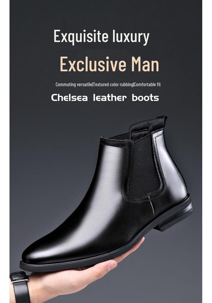 Chelsea Pointed Toe Leather Boots: Fashionable Slip-on, Korean & British Style Business Men's Plus Size Shoes.