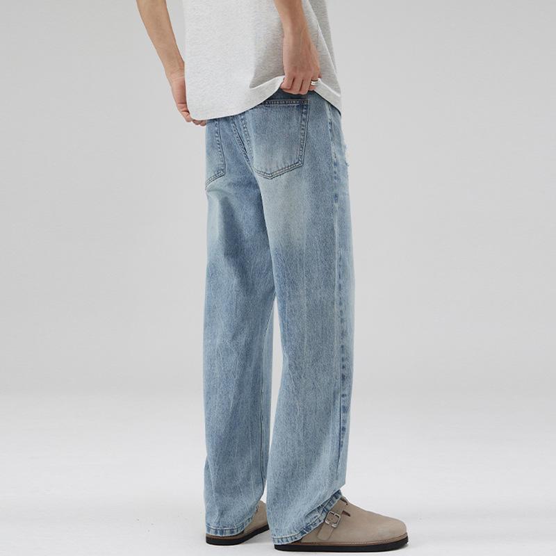 LKTM Men's Retro Washed Ice Blue Jeans - High-End, Versatile, Loose-Fit, Ripped Style