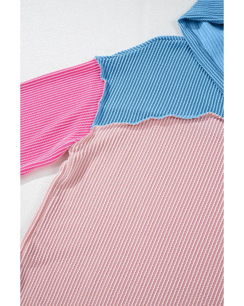 Azura Exchange Pink Color Block Patchwork Corded Knit Loose Fit Hooded Blouse