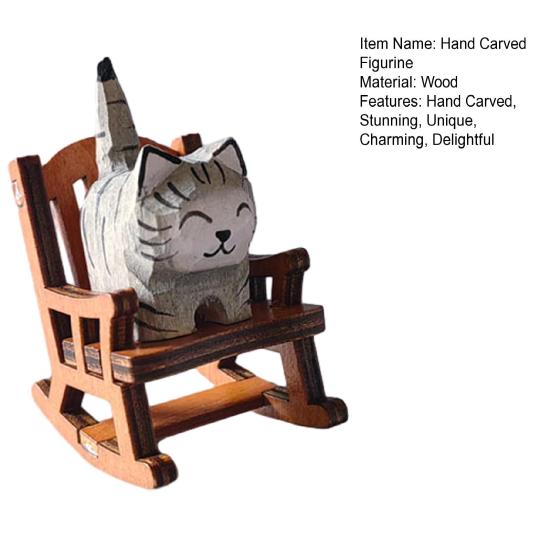 Small Hand-Carved Wooden Animal Figurine Cute Rocking Chair Cat/Dog/Fox Statue for Desk Home Office Decor