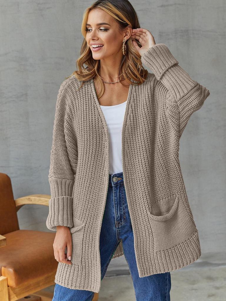 Damen Strickjacke mit lockerem Strickmuster - Mittellang Übergröße, Lässiger Herbst-/Winterpullover