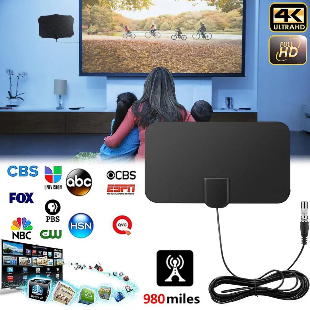 Alta qualidade 4K alto ganho HD TV DTV caixa antena de TV digital 980 milhas reforço ativo antena interna HD design plano