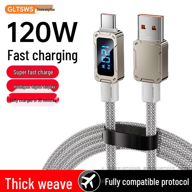 

120W Super Fast Charging Dual Type-C Zinc Alloy Data Cable for Apple 17/16 with Digital Display Type-C Zinc Alloy Smart Display