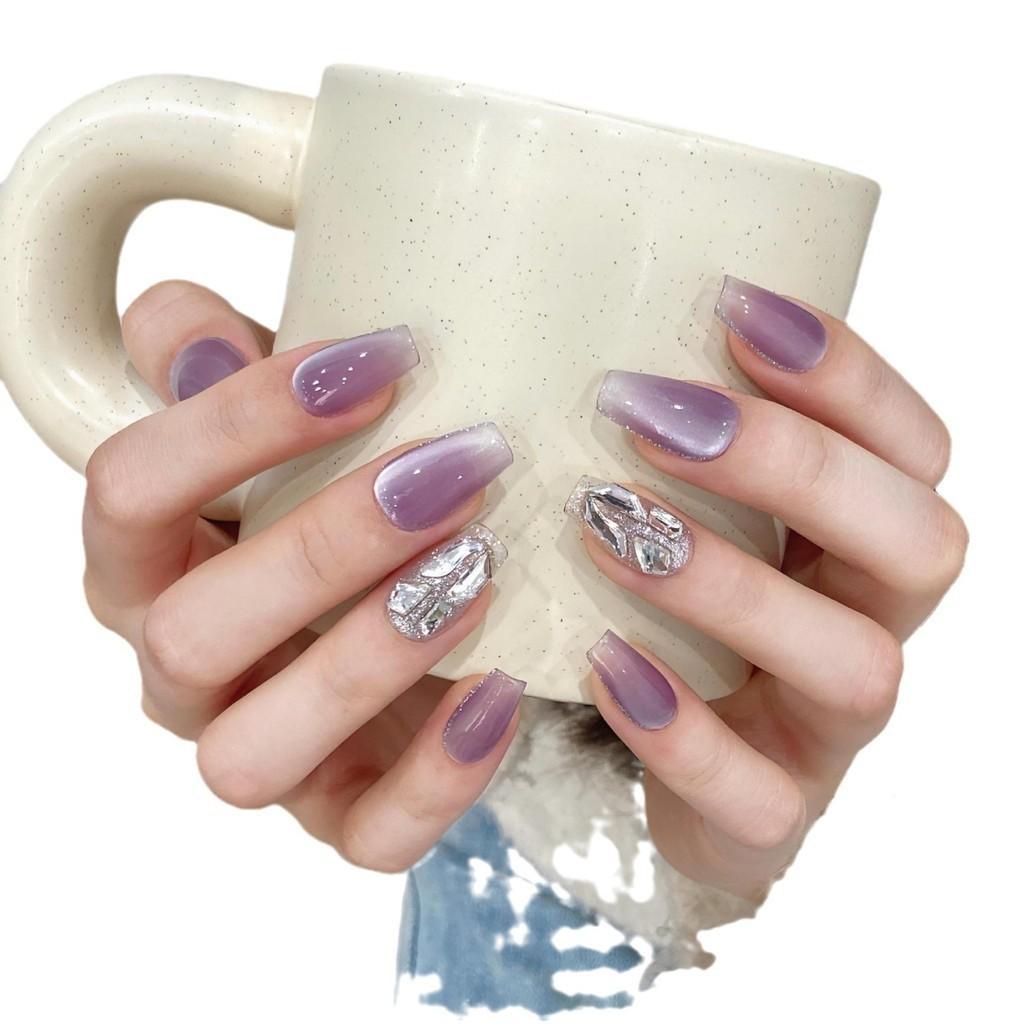 100% HANDMADE Medium Coffin Shape Fake Nail Set Purple Bulb Cat's Eye Buccella Magic Mirror Miracle Angel Press On Nails Fake Nails Reusable Nails
