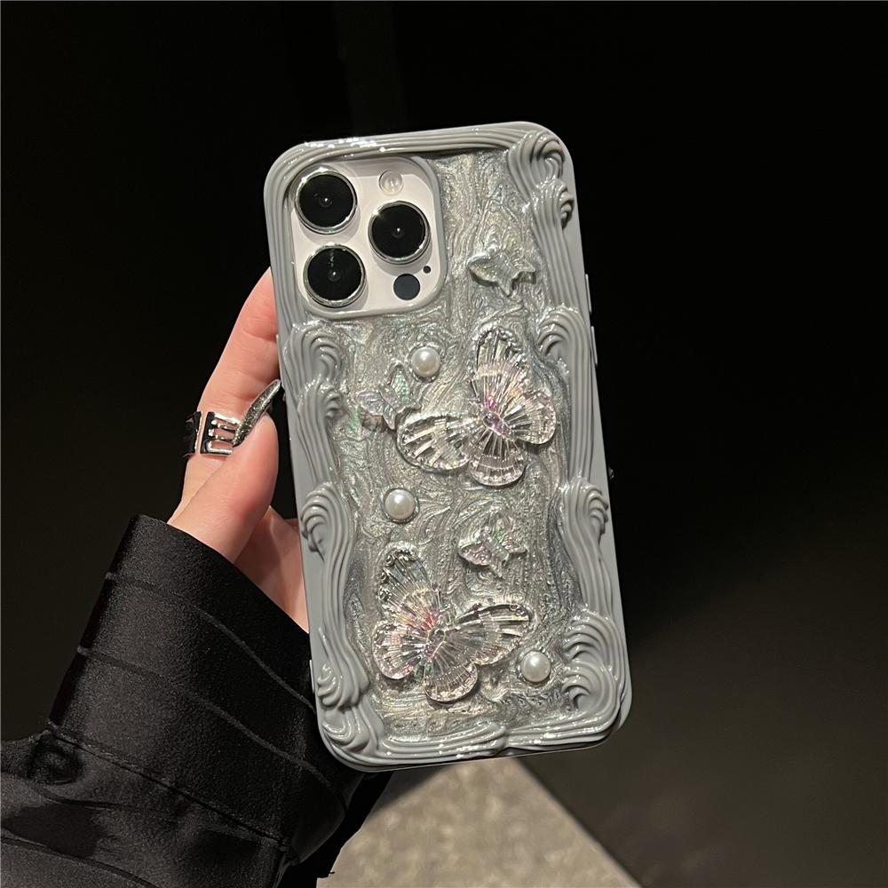 

Силіконова накладка INS 3D Crystal Butterfly Pearl Cream Wavy Edge Phone Case для iPhone 15 11 12 13 14 Pro Max Cute Candy Love Heart For iPhone 15