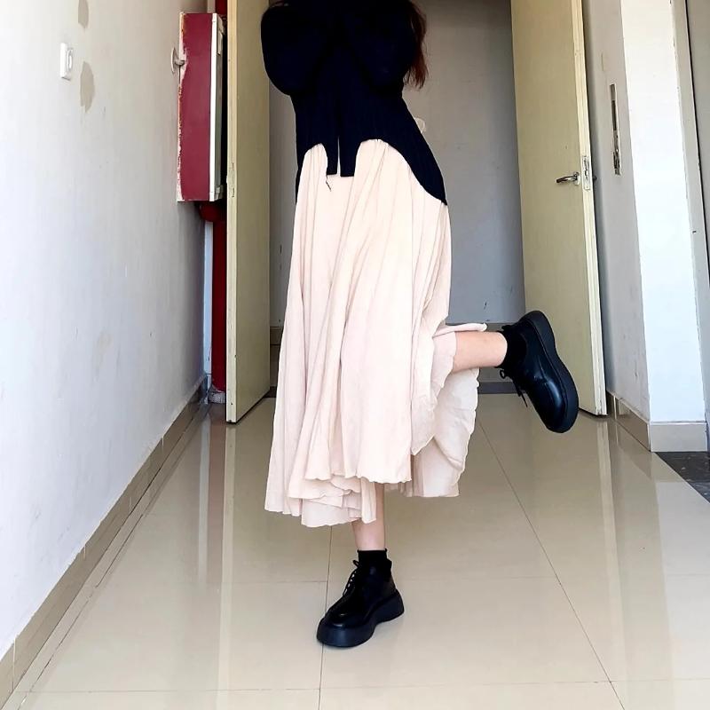 Gonna lunga in vita elastica stile bohémien con bordo in foglia di loto per donna