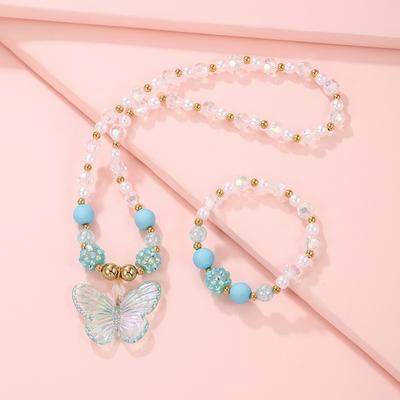 New Girl's Collarbone Necklace Princess Zircon Color Crystal Zircon Butterfly Children's Necklace Bracelet Suit