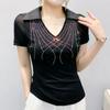 Women New Fashion European Summer Bling T-Shirt Clothes Sexy V-Neck Short-Sleeve Casual Tees Shiny Hot Diamonds Mesh Slim Tops Blouse