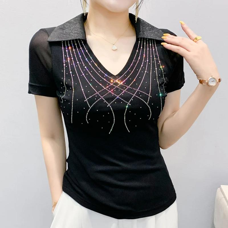 Women New Fashion European Summer Bling T-Shirt Clothes Sexy V-Neck Short-Sleeve Casual Tees Shiny Hot Diamonds Mesh Slim Tops Blouse