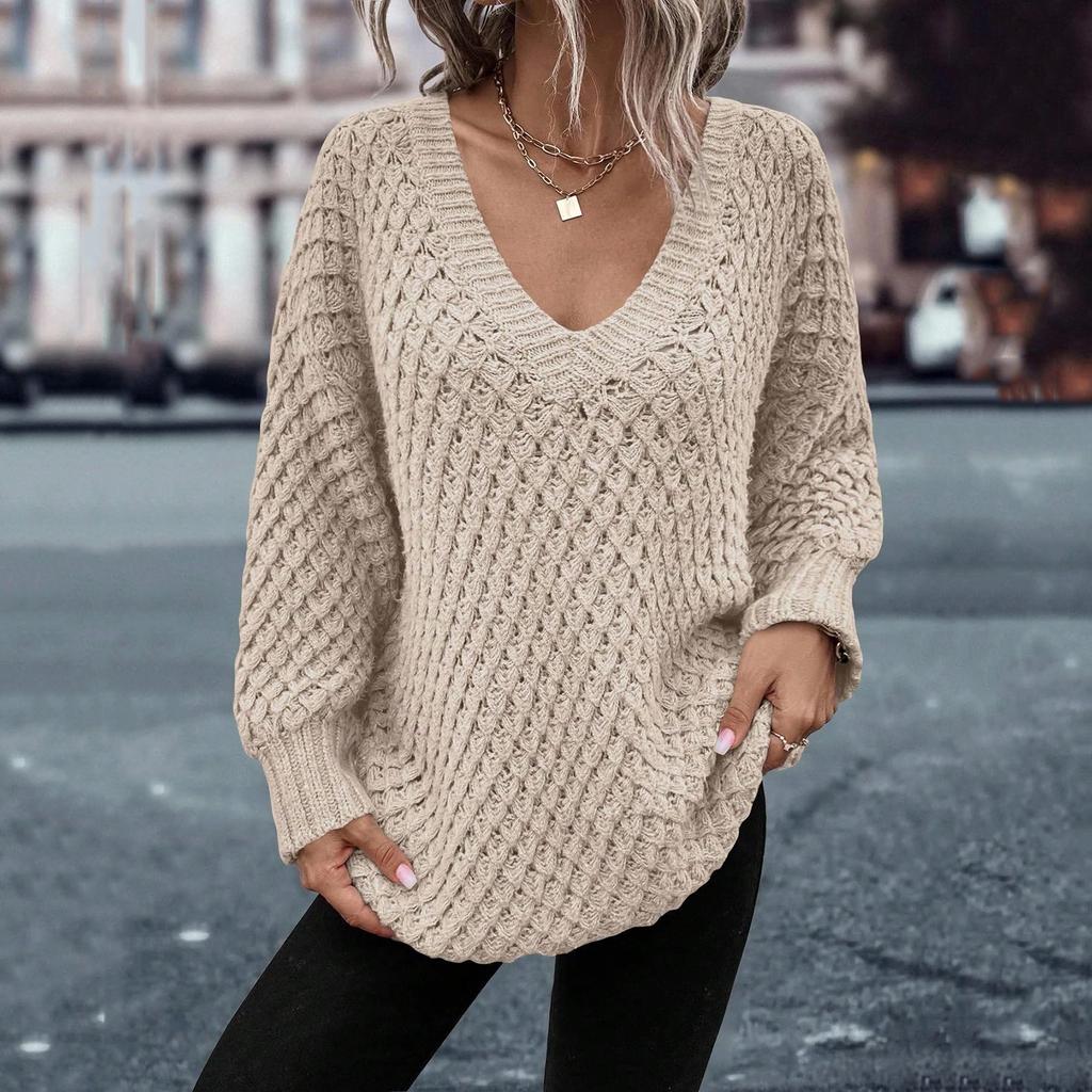 Women's Casual Color V-Neck Oversized Sweater Fall Winter Loose Long Sleeve Sweater Top