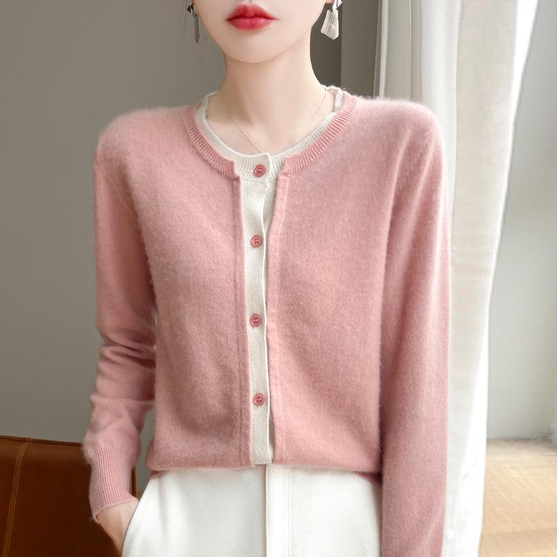 100% Pure Wool Color Block Round Neck Sweater - Women's Autumn/Winter Knit Cardigan, Solid Color, Fake Two-Piece Style.