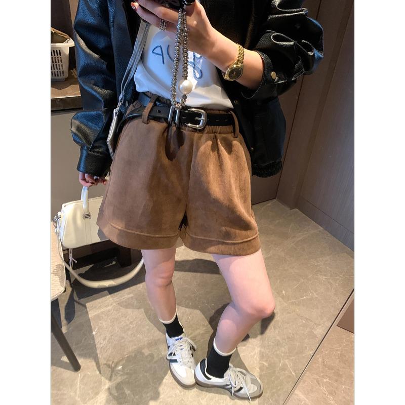 Moqie Retro High-Waisted Slimming A-Line Suede Plush Shorts Medium коричневый