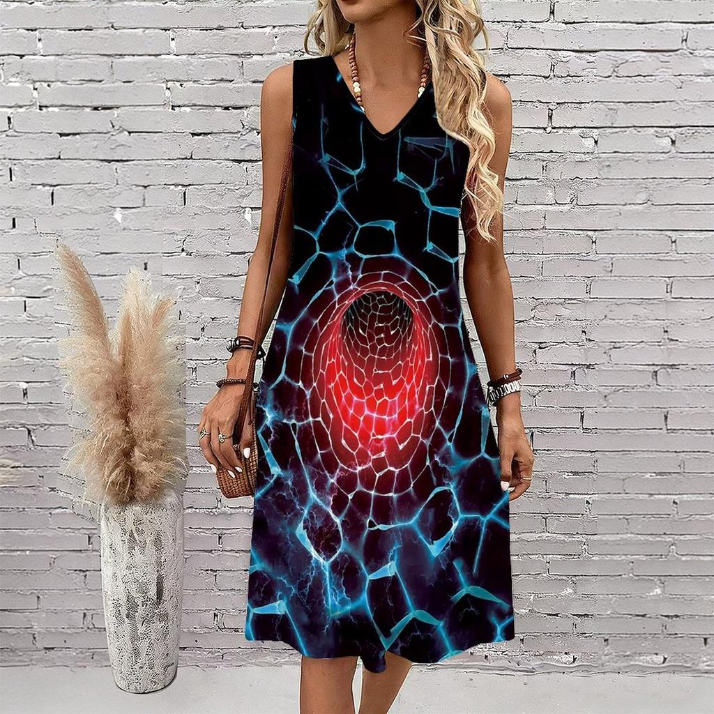 Plus Size V Neck Sleeveless Forest Valley Stream Watercolor Print For Country Leisure Vacation