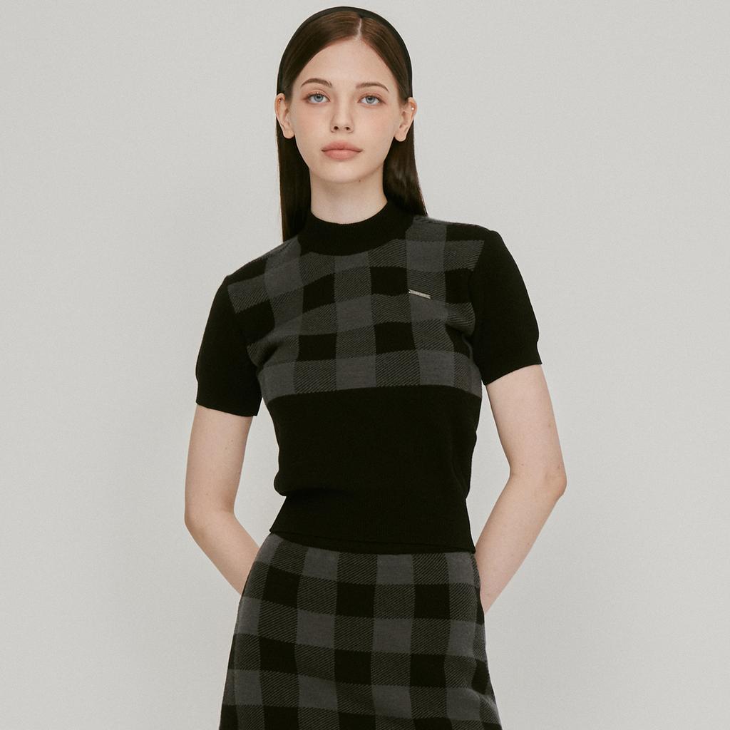 LIKK Neck Collar Check Knit T-Shirt (Black) _L3C1-Nt08K
