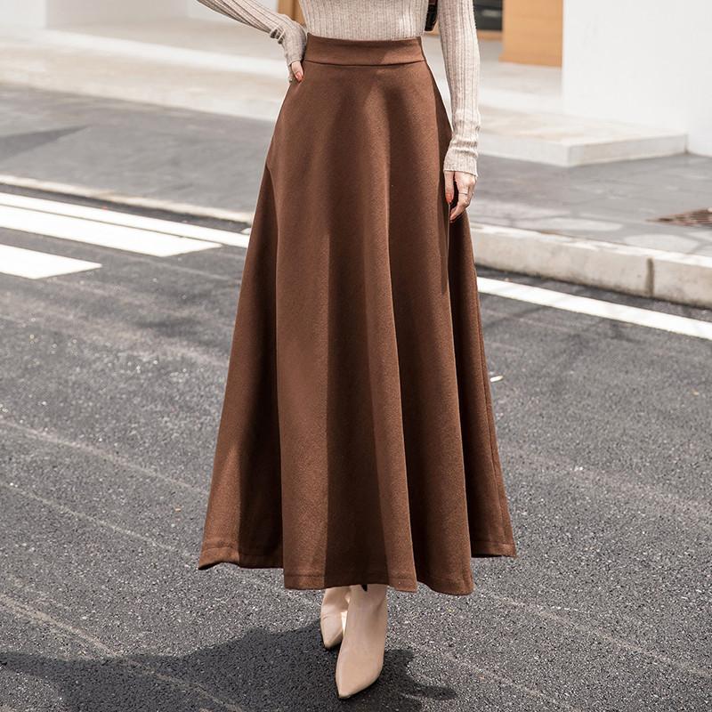 Tooxika High Waisted Solid Colored Woolen Half Skirt, Versatile For Commuting, Large Swing A-line Long Skirt