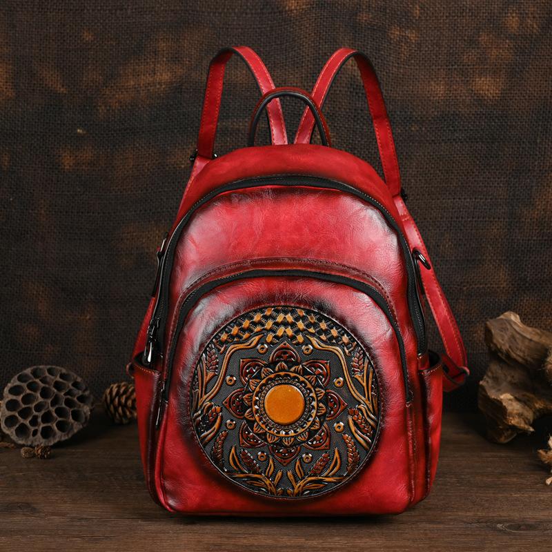 Johnature Zaino da donna vintage fatto a mano con totem in rilievo, grande capacità, borse da viaggio per il tempo libero