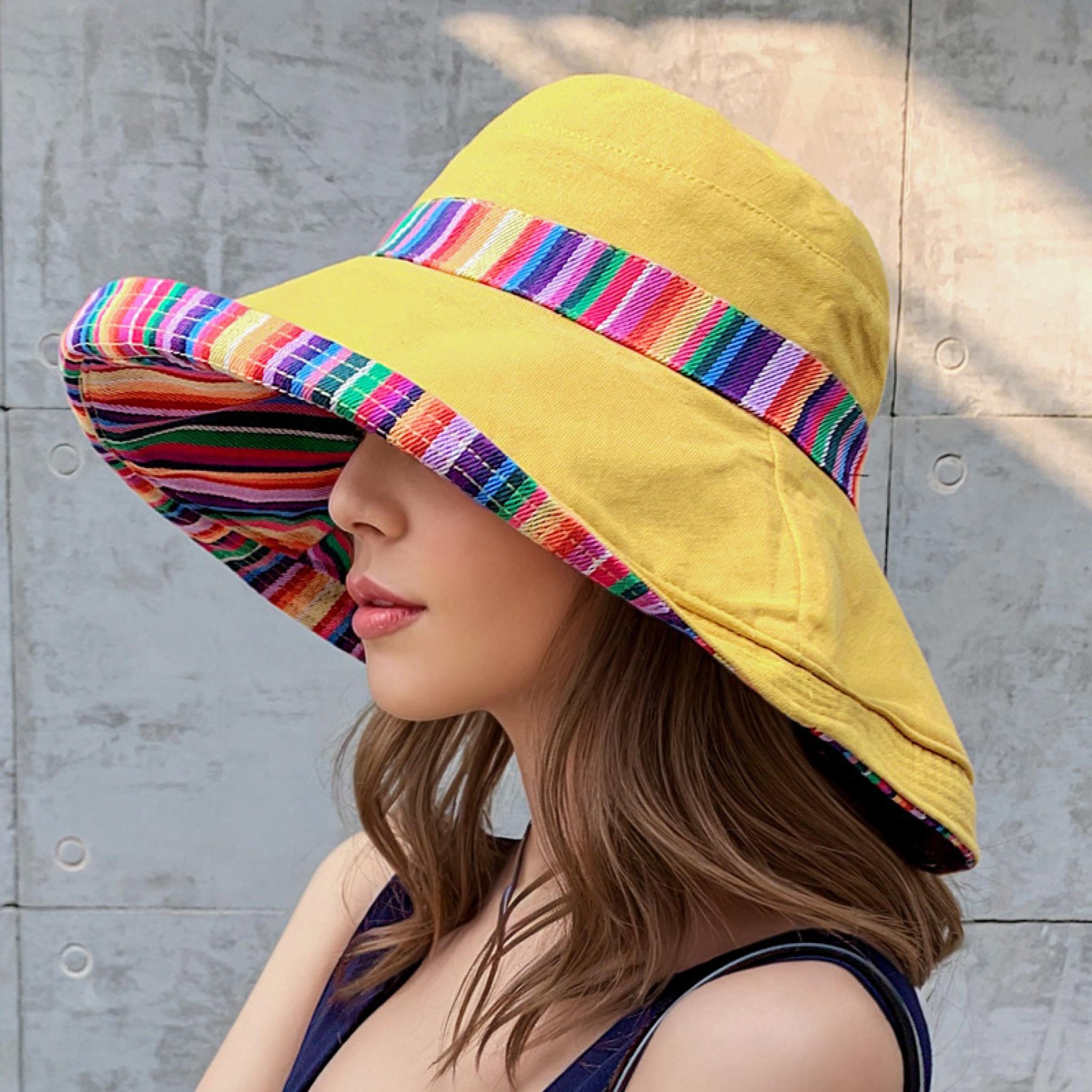 

Women S Reversible Boho Bucket Hat - Lightweight, Breathable Polyester Sun Hat with Wide Brim for Beach, Travel & Fashion, Fashion Accessory жовтий