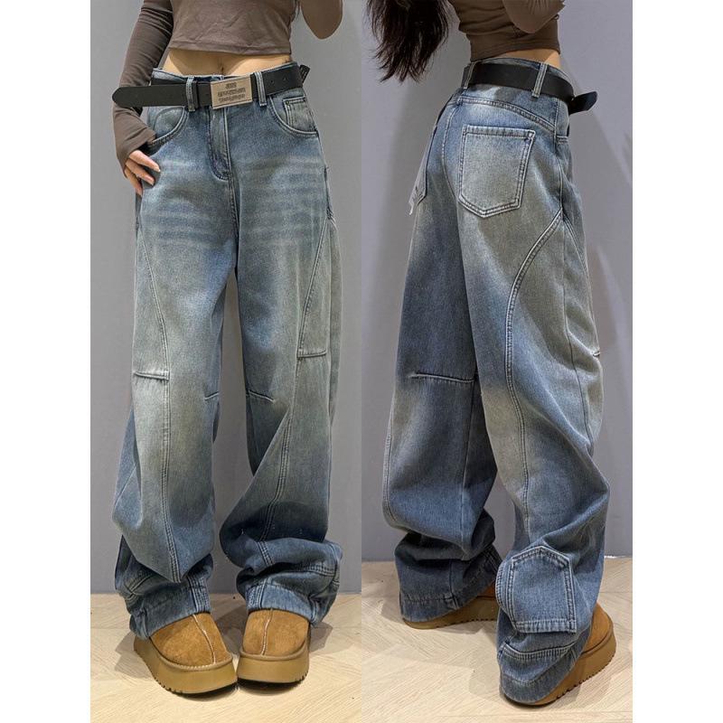 Women's Retro Wide-Leg Inverted Front Denim Jeans, Autumn/Winter 2025, Plus Velvet Thick, Loose Fit, Straight-Leg Backwards Design.