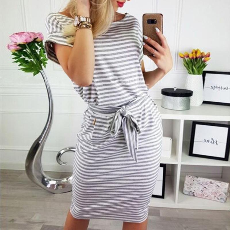 

Women Spring Summer Round Neck Striped Waist Belt Half Sleeve Comfortable Dress Lightweight High Recognition Elegant with Flattering Chic Dress S серый