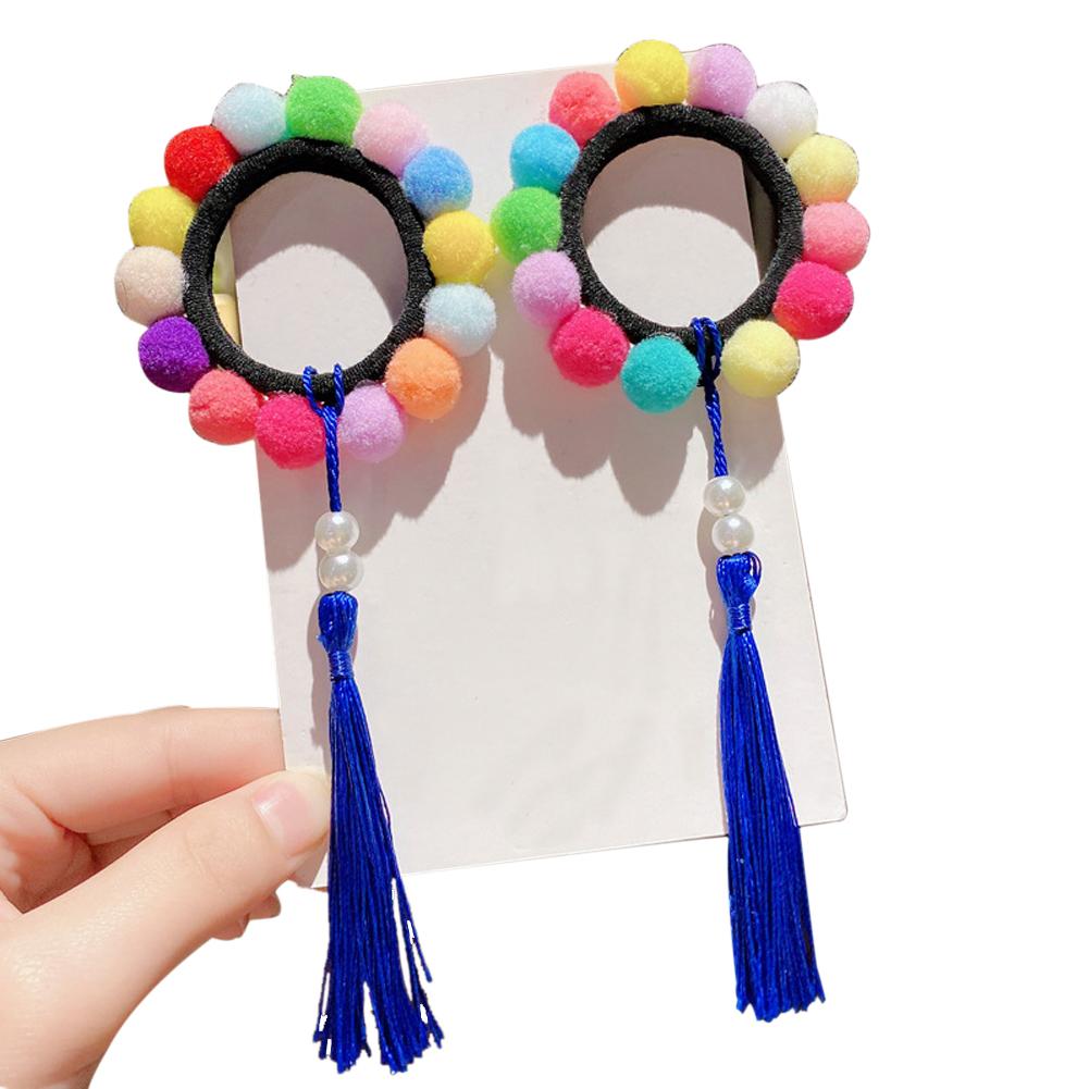 1 Pair of  Hair Band  Cloth  Tassel   Colorful Ball  Plush  Retro Style  Hair Band