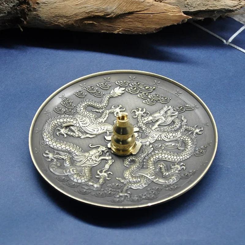Dragon and Phoenix Bronze Incense Tray Twelve Zodiac Antique Thread Incense Holder Coil Incense Burner Indoor Sandalwood Stove