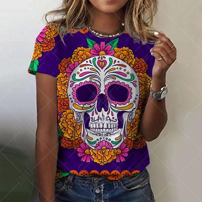 Fashion Women's T-shirt with  Colorful  Skull  Graphic 3D Printed Short Sleeve Summer Oversized Polyester Fiber Clothing