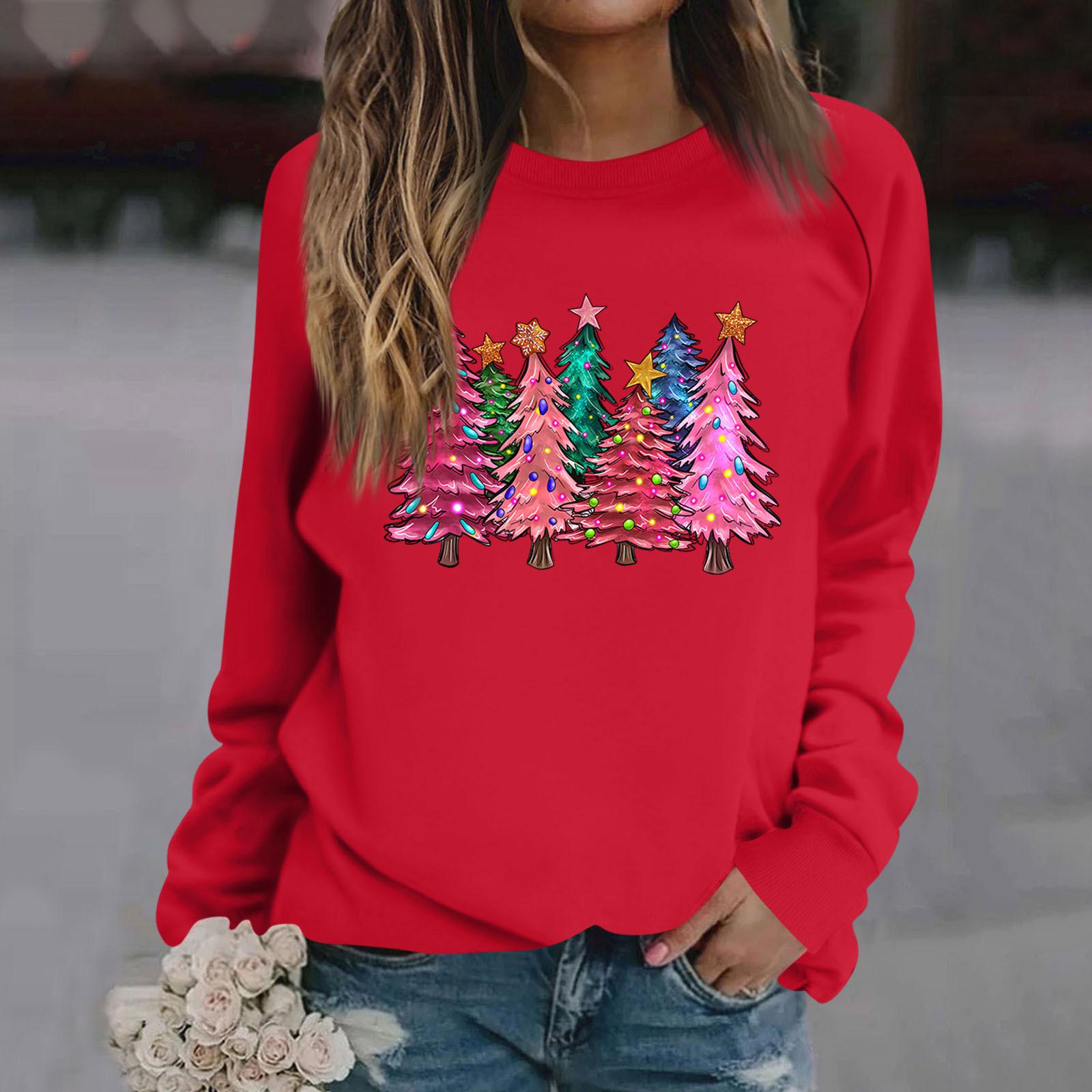 

Женские футболки, свободные, модные и повседневные толстовки с круглым вырезом и длинными рукавами с рождественским принтом XXL красный