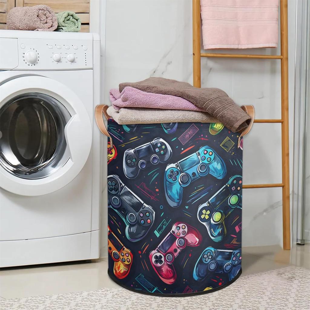 Bardic Large Laundry Basket Gaming Theme Laundry Hamper with Leather Handle, Game Controller Collapsible Organizer Basket Freestanding Tall Clothes