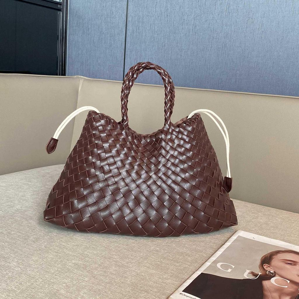 Retro Style Genuine Leather Hand-Woven Basket Handbag - Versatile Women's Bag with Thick Leather Strips