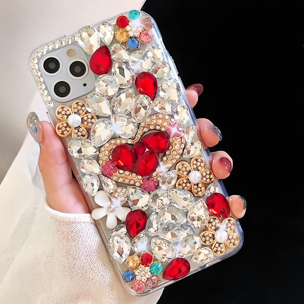 Glitter Rhinestone Phone Case For iPhone 17 16 15 14 13 12 11 Pro Max Air mini 16e 8 7 Plus X XS XR, 3D Crystal Heart Floral Bling Diamond Jewel Cover