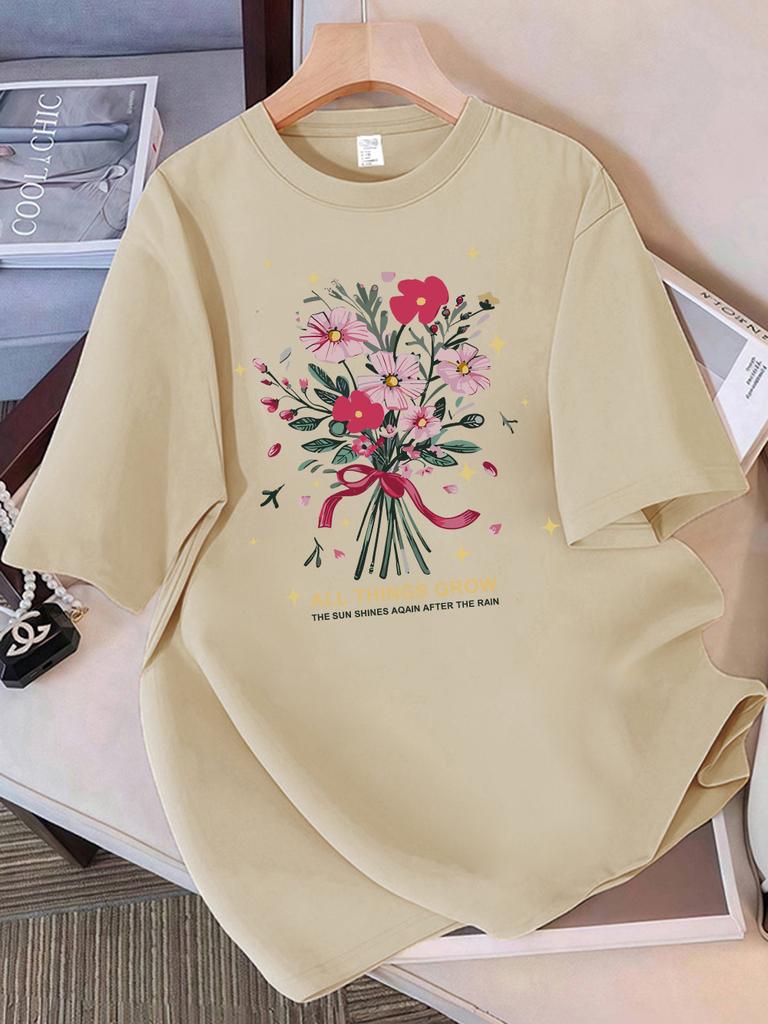Summer T-Shirts Women Cotton All Things Grow Beautiful Flowers Print Tops Loose O-Neck Soft Comfortable T Shirt Casual Clothes
