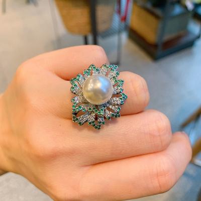 Australian Fritillary Pearl Slightly Set With Green Diamonds, Fashionable Ring, Adjustable Ring