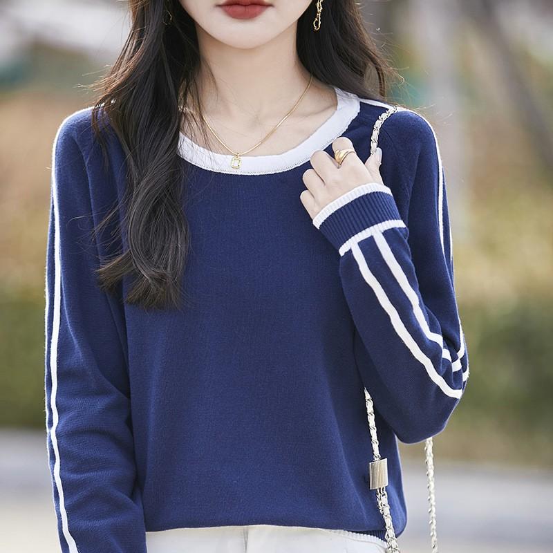 Womens Lightweight Cotton Knit Sweater Round Neck Loose Fit Long Sleeve Top Colorblock Design Office Casual Wear