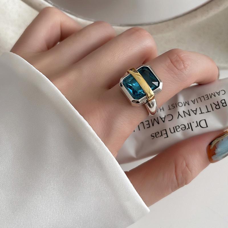 Ring Damen Ins Nische Senior Quadratischer Saphir Vintage Offener Fingerring Hypoallergen Lässig Alltag Zierlich Minimalistisch Größenverstellbarer Ring