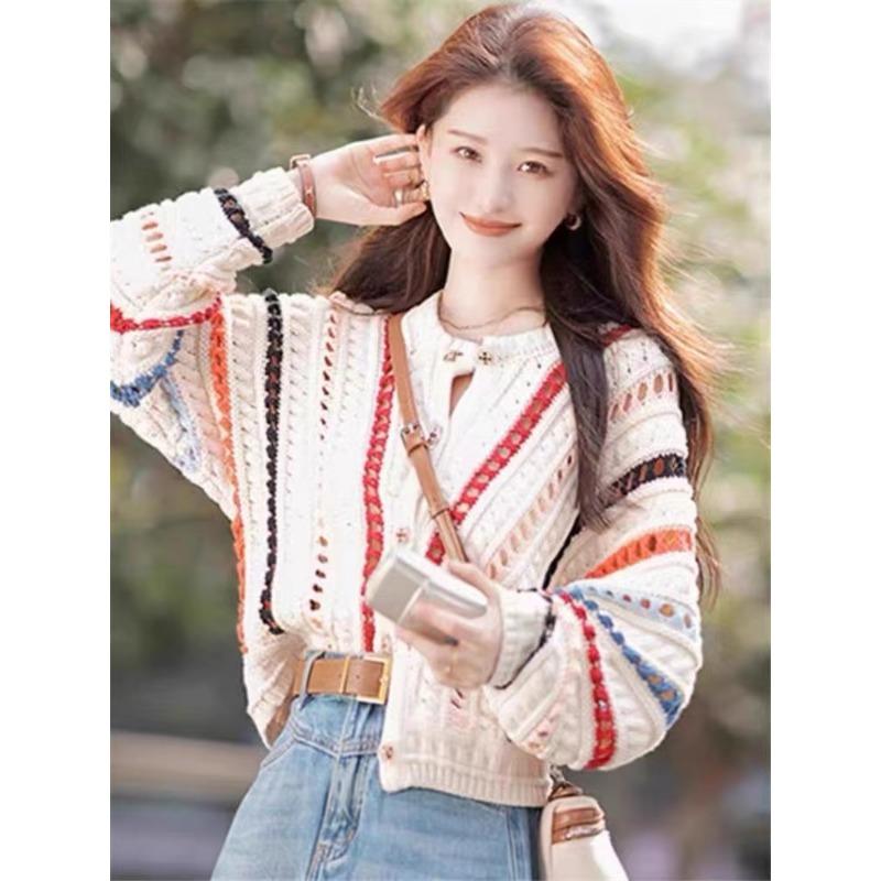 2025 New Rainbow Color Cardigan Women Sweater Autumn Sweet Fashion Elegant O Neck Knit Coats Hollow Crochet Casual Loose Long Sleeve Jacket Clothing