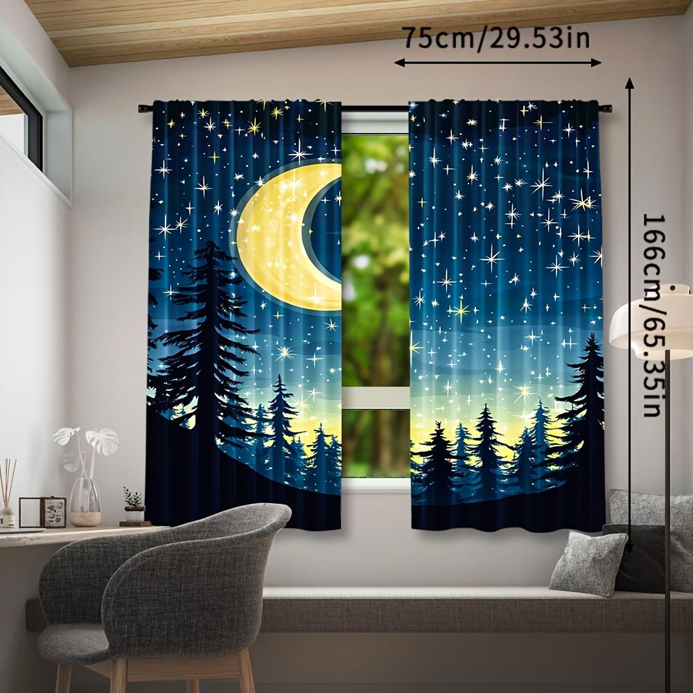 Set Of 2 Modern Semi Polyester Curtains Full Moon Starry Forest Night Sky Design Window Curtain With Rod Pocket Sheer Machine Washable