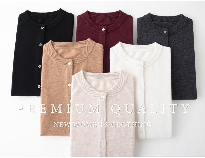 Women's Long Sleeve 100% Wool Single-Breasted Knit Cardigan - Half-High Neck, Loose Fit, Autumn-Winter Base Layer