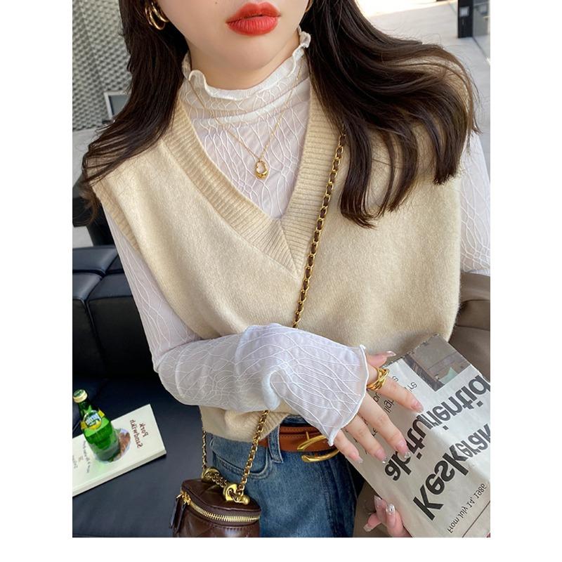 Women S Long Sleeve Lace Mock Neck Ruffled T Shirt Inner Top