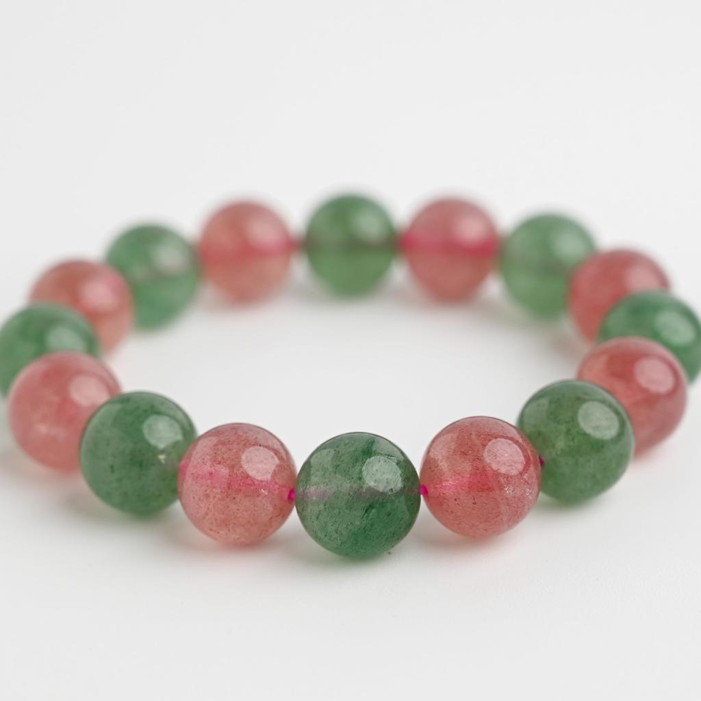 Eigado Strawberry Green Quartz 16 Inner Natural Power Good Luck & Bracelet, Beads, 13mm, Diameter Approx. 17cm, Stone, Stone, Charm,