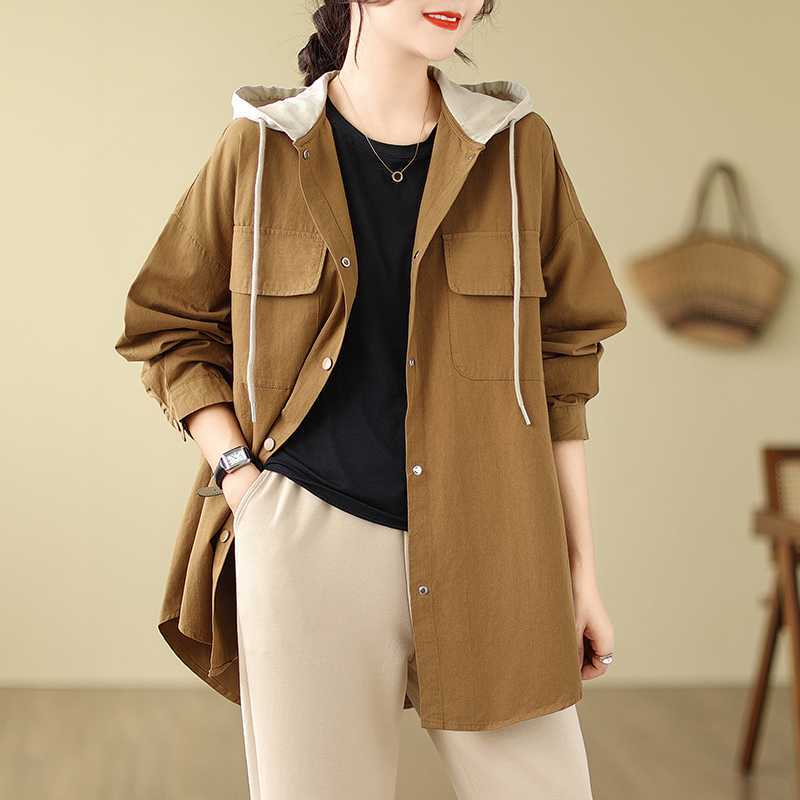 Casual Hooded Windbreaker Shirt Jacket Women's Loose Mid-length Blouse Hoodie